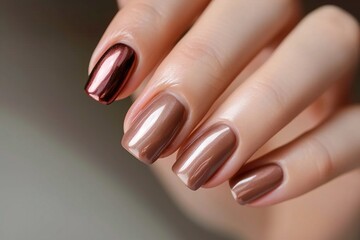 Shiny Brown Metallic Manicure Close-Up on Hand