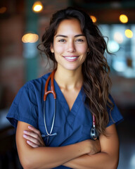 A confident smiling Hispanic woman in the health care industry. EMT, Paramedic, Nurse medical concept