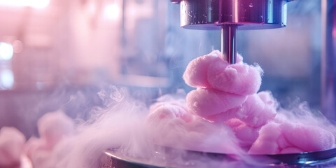 Cotton Sugar Candy Creation in Pink color. Close-up Sweet fluffy cotton candy twirling in a machine amidst swirls of vapor, copy space. - obrazy, fototapety, plakaty