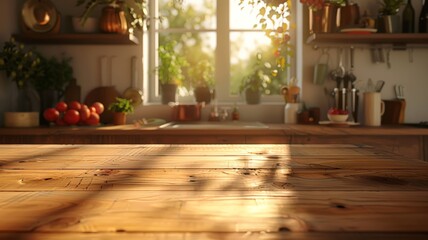 Sunlight filtering through foliage onto a spacious wooden kitchen counter - obrazy, fototapety, plakaty