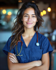 A confident smiling Hispanic woman in the health care industry. EMT, Paramedic, Nurse medical concept - 762459565