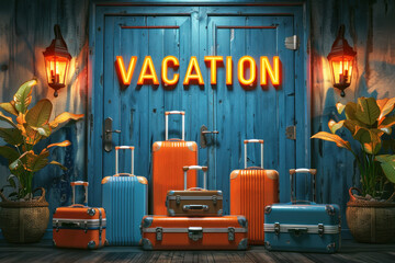 Luggage arranged in front of a blue door with a neon VACATION sign