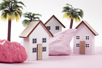 model of miniature beach houses representing a vacation village