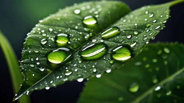 Green wet leaf covered in fresh rain water drops macro close-up illustration. Realistic detailed nature eco background wallpaper header design concept with blur bokeh effect.