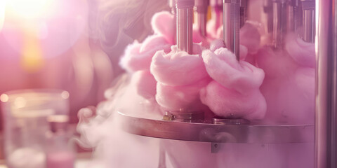 Cotton Sugar Candy Creation in Pink color. Close-up Sweet fluffy cotton candy twirling in a machine amidst swirls of vapor. - obrazy, fototapety, plakaty