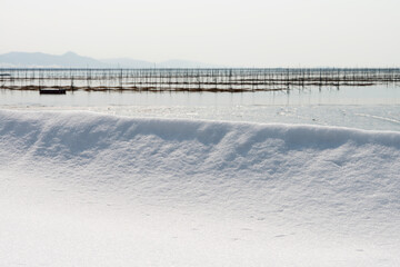 Obraz premium Snowy seaside at the laver seaweed farm