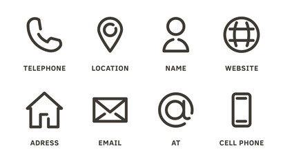 Business card icon set featuring telephone, location, name, website, address, email, at symbol, and cell phone. Vector illustration symbol for professional networking and contact information exchange
