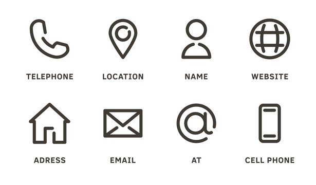 Business card icon set featuring telephone, location, name, website, address, email, at symbol, and cell phone. Vector illustration symbol for professional networking and contact information exchange