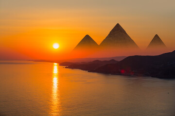 Giza pyramid Complex by the Nile at amazing sunset 