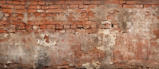 A detailed close up of a rectangular brown brick wall with peeling paint, showcasing intricate brickwork and a textured pattern resembling wood grain