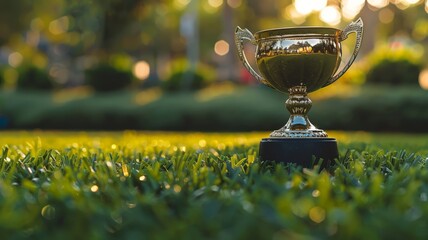 Victory in the open field with a golden trophy resting on green grass - obrazy, fototapety, plakaty
