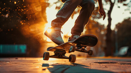 skateboarder wearing jeans and white shoes doing  freestyle skate trick in skatepark golden sunset backlight tree background dramatic cinematic scene - obrazy, fototapety, plakaty