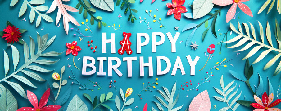 A vibrant birthday card design with Happy Birthday text and colorful botanical illustrations on a festive background