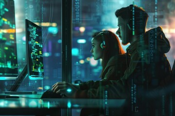 man and woman using computer with electronic displays computer security