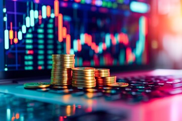 A striking image of stacked coins on a keyboard with stock market graphs in the background, symbolizing economic growth. - obrazy, fototapety, plakaty