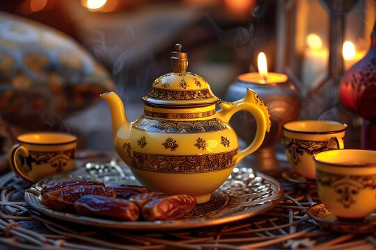Vibrant yellow teapot serving hot drinks with tea cups and a date plate