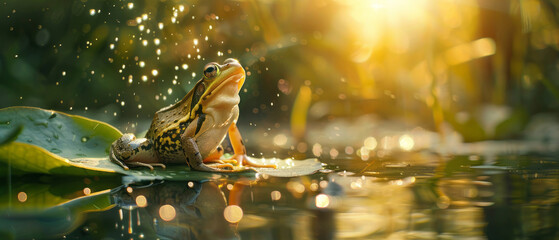 Butter fry horned frog sitting on a leaf in the pond, with the morning sunlight shining down, reflecting on the water's surface. Close-up shot. - obrazy, fototapety, plakaty