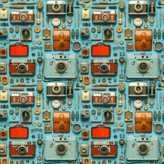 Obraz premium Vintage electronics and gadgets seamless pattern, retro technology background.