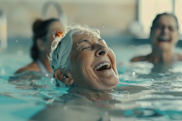 women in the water laughing in the fitness center
