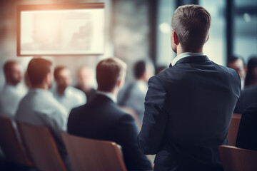 Speaker addressing audience in conference hall, Back view of presenter at podium with attendees sitting in rows listening to talk on business innovation and leadership strategies