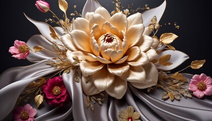 A floral arrangement with sparkling golden elements. The composition is set on a dark background and includes a piece of silver fabric. Atmosphere of wealth and sophistication 03