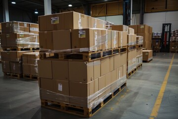 boxes on pallets in a warehouse with big space