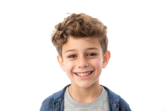 young boy smiling in front of white background