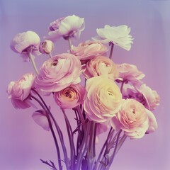 ranunculas flower bouquet on a pastel purple background film camera, visual noise, high contrast and vivid colors