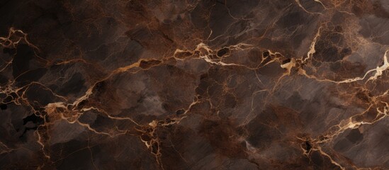 A detailed shot showcasing the intricate patterns of a brown marble texture with shimmering gold veins, resembling a landscape seen from a birds eye view