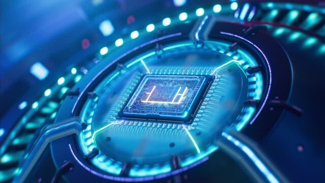 Beautiful Animation of Futuristic Chip that Activating and Powering up Complex Device. Turbine or Engine Starts and Glows with Blue Light. Advanced Microchip inside Powerful High Performance Machine