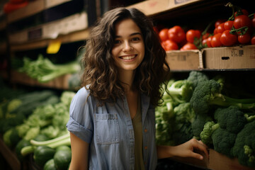 Generated with AI picture of beautiful cheerful young woman chooses products in a grocery store - obrazy, fototapety, plakaty