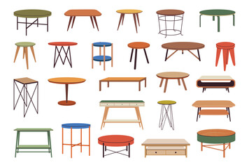 Set of scandinavian tables. Coffee tables home decor furniture. Round and rectangular, wooden and metal living room modern tables. Cartoon flat vector illustration isolated on white.