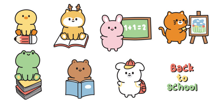 Set of cute animals in back to school concept.Class.Student.Study.Chick,deer,rabbit,cat,frog,bear,dog.Animal character cartoon design collection.Kid graphic.Kawaii.Vector.Illustration.