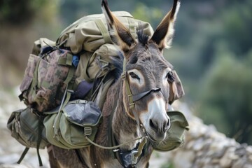 donkey with backpacks army donkey or donkey with carry a load of luggage