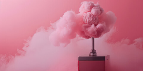 Cotton Sugar Candy Creation in Pink color. Close-up Sweet fluffy cotton candy twirling in a machine amidst swirls of vapor, copy space.