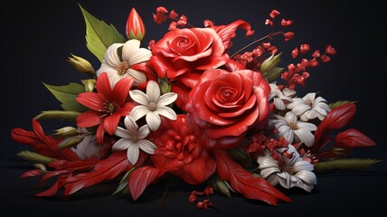 A bouquet of red and white flower roses lying on a black background. Flowering flowers, a symbol of spring, new life.
