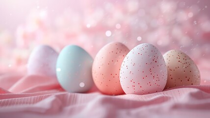 Soft-hued speckled eggs arrayed on a delicate pink backdrop hinting at spring