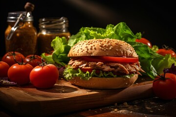 a burger with tomatoes and lettuce on a cutting board - obrazy, fototapety, plakaty