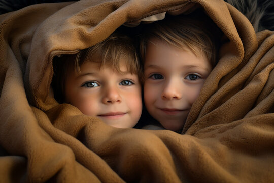 Designed with generative ai image of sweet cute children hugging and lying in comfortable bed warm blanket