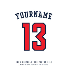 Jersey number, basketball team name, printable text effect, editable vector 13 jersey number