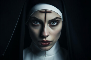 Fototapeta na wymiar Mysterious religious person nun priest in church robe serious face expression Generative AI illustration