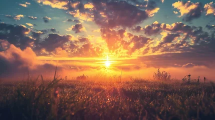 Foto op Plexiglas Radiant Sunrise Over Misty Fields © augieloinne