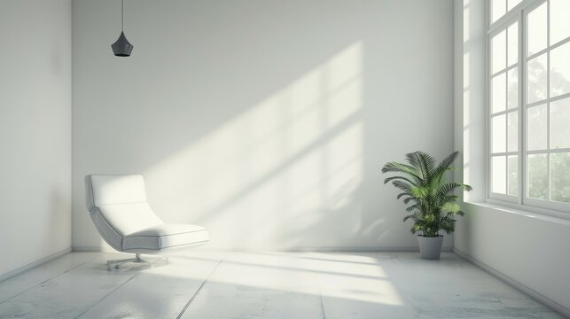 A white room with a white chair and a potted plant. 
