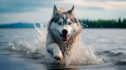 a dog running through the water with its tongue out