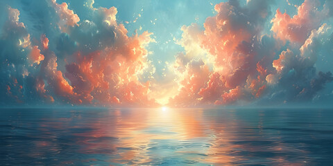 Dreamy Acrylic Sunset Painting Reflects Upon Tranquil Fantasy Waters - obrazy, fototapety, plakaty