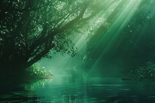 image of a forest with sunlight shining through it