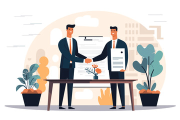 Meeting of businessmen and women. Vector cartoon illustration in a modern flat style of two business men, women in suits shaking hands in front of a contract