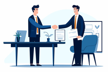 Meeting of businessmen and women. Vector cartoon illustration in a modern flat style of two business men, women in suits shaking hands in front of a contract