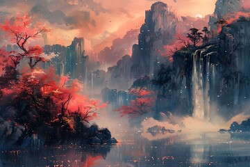 Enchanting Mystical Borderland of Vibrant Hues and Exquisite Details in Evocative Landscape Painting - obrazy, fototapety, plakaty