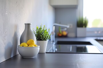 Modern kitchen with lemons in a bowl and decorative plants.